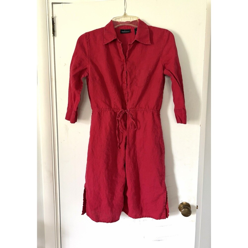 90s Y2K Moda International (Victoria Secret) Red 100% Linen Cinch Button Dress M